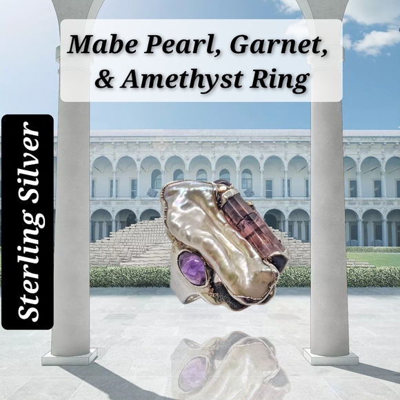 .Mabe Pearl, Garnet, & Amethyst Sterling Silver Ring - Picture 5 of 8